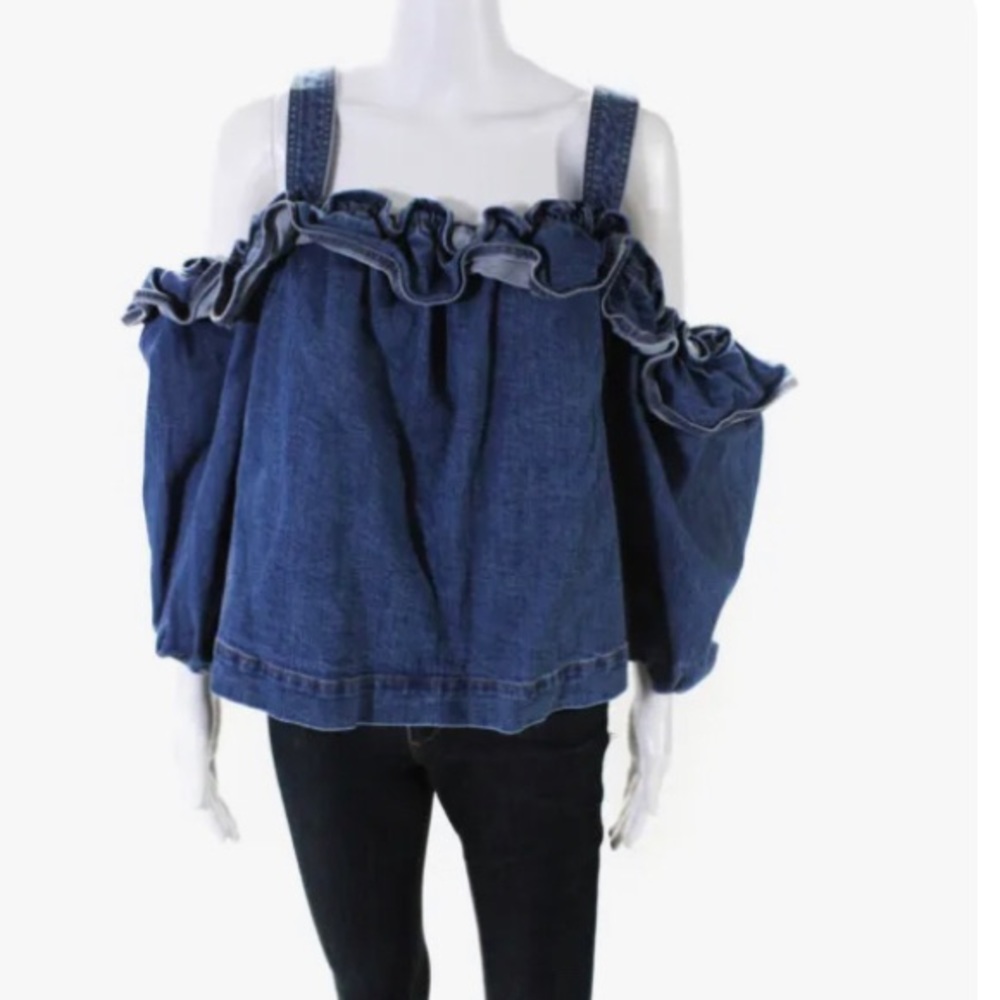 Ulla Johnson Long Sleeve Ruffle Cold Shoulder Top Denim Size 4